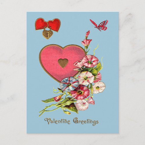 Valentine Greetings with Hearts Flowers Postcard