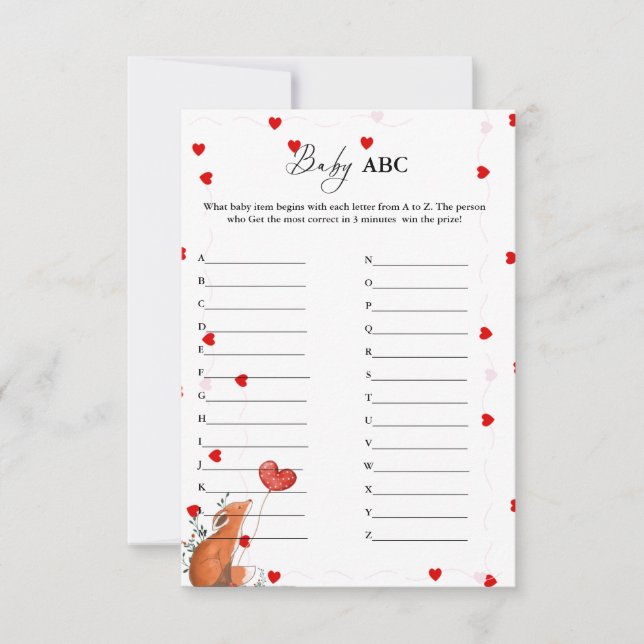 Valentine Heart Baby ABC Baby Shower Game Card (Front)