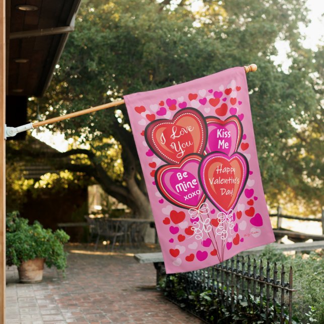 Valentine Heart Balloons Reversible House Flag (In SItu)