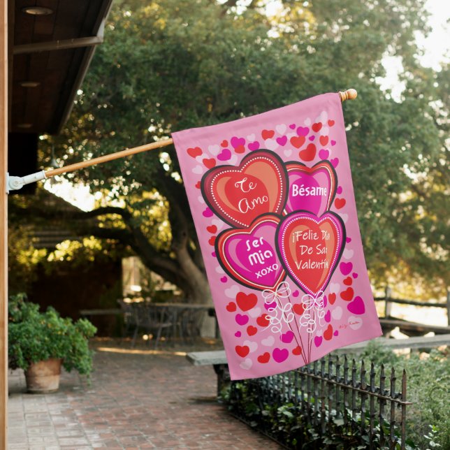 Valentine Heart Balloons Spanish Reversible House Flag (In SItu)