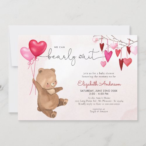 Valentine Heart Bear Balloon Pink Girl Baby Shower Invitation - Valentine Heart Teddy Bear Balloon Baby Shower Invitation is perfect for Valentine teddy bear themed baby shower for a mom expecting baby girl. Design features pink and red heart as well as hearts in shape of ballon with teddy bear and 'we can bearly wait' wording.
All of the text on this invitation can be personalized with your desired details. You can change background color, font color, size and type as well.
Message me if you need any adjustments