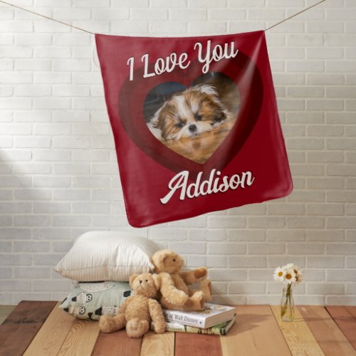 Valentine heart dog love Custom photo name on red Baby Blanket