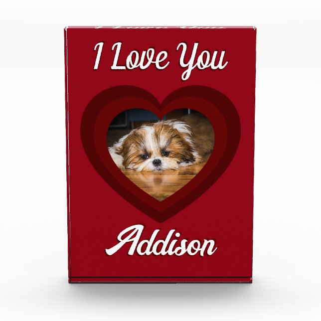 Valentine heart dog love Custom photo name on red Block (Front)