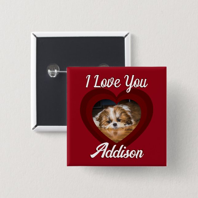 Valentine heart dog love Custom photo name on red Button (Front & Back)