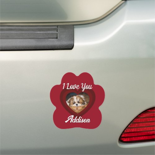 Valentine heart dog love Custom photo name on red Car Magnet
