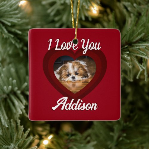 Valentine heart dog love Custom photo name on red Ceramic Ornament