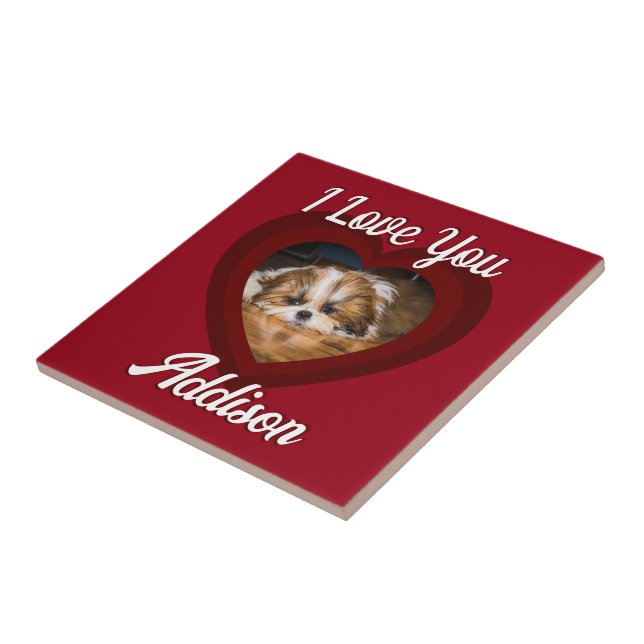 Valentine heart dog love Custom photo name on red Ceramic Tile (Side)