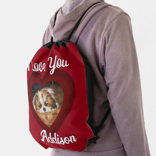 Valentine heart dog love Custom photo name on red Drawstring Bag
