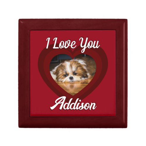 Valentine heart dog love Custom photo name on red Gift Box