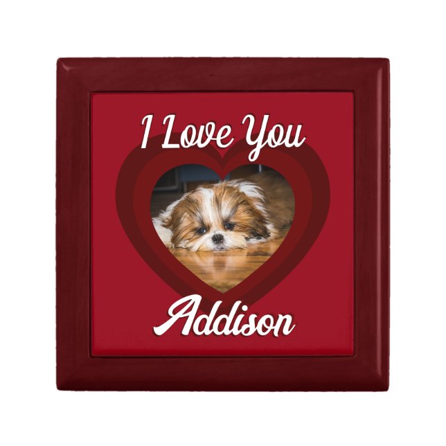 Valentine heart dog love Custom photo name on red Gift Box (Front)