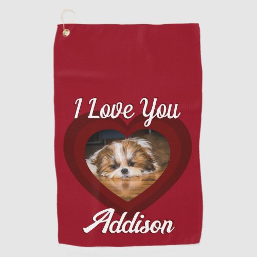 Valentine heart dog love Custom photo name on red Golf Towel