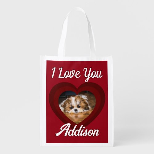 Valentine heart dog love Custom photo name on red Grocery Bag