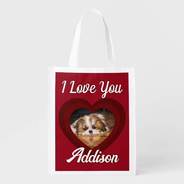 Valentine heart dog love Custom photo name on red Grocery Bag (Front)