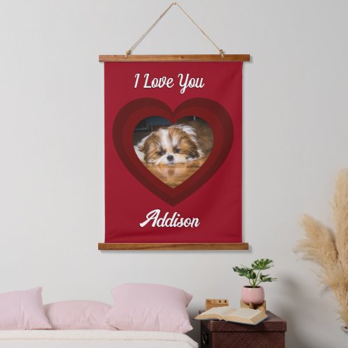 Valentine heart dog love Custom photo name on red Hanging Tapestry