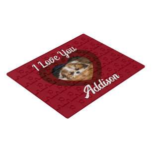 Valentine heart dog love Custom photo name on red Jigsaw Puzzle