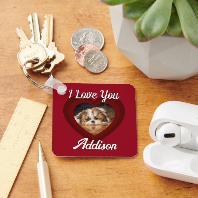 Valentine heart dog love Custom photo name on red Keychain (Desk)