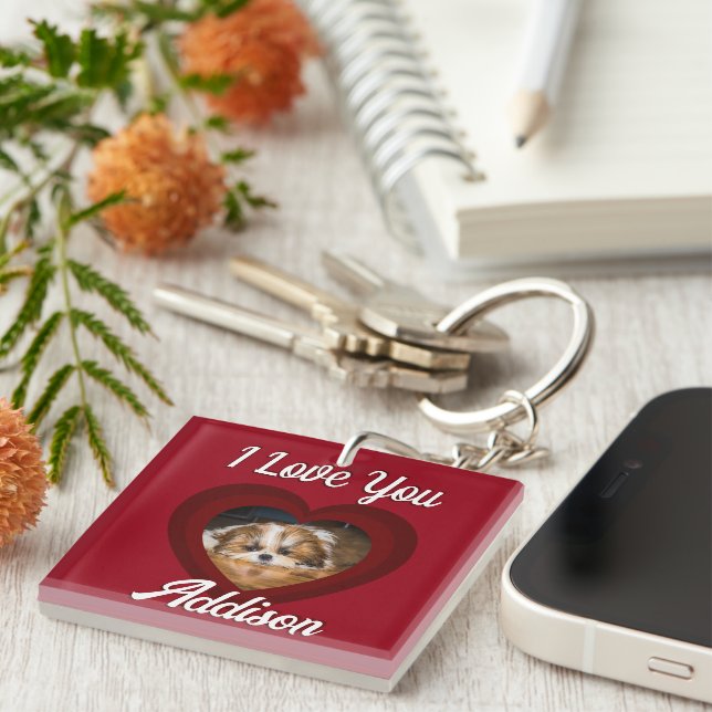 Valentine heart dog love Custom photo name on red Keychain (Front Right)