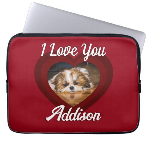 Valentine heart dog love Custom photo name on red Laptop Sleeve
