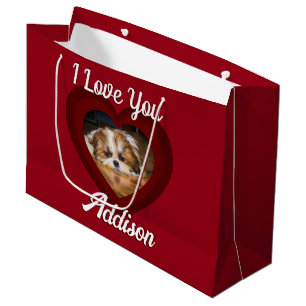 Valentine heart dog love Custom photo name on red Large Gift Bag