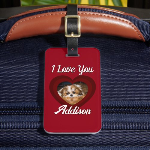 Valentine heart dog love Custom photo name on red Luggage Tag