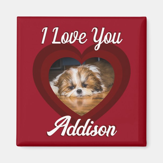 Valentine heart dog love Custom photo name on red Magnet (Front)