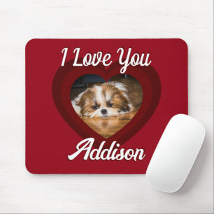 Valentine heart dog love Custom photo name on red Mouse Pad