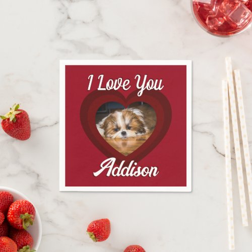 Valentine heart dog love Custom photo name on red Napkins