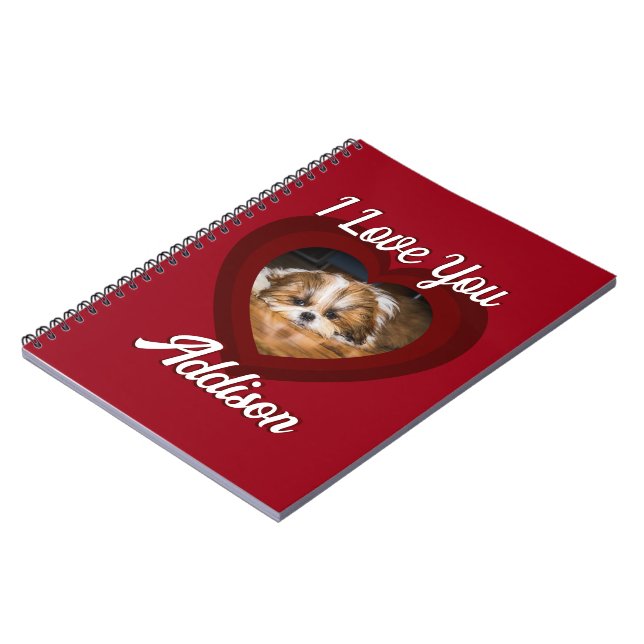 Valentine heart dog love Custom photo name on red Notebook (Left Side)