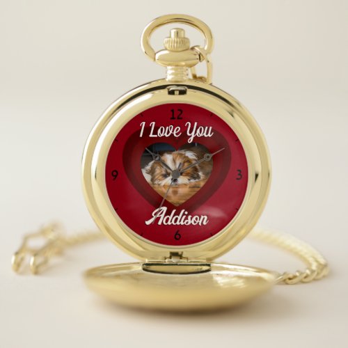 Valentine heart dog love Custom photo name on red Pocket Watch