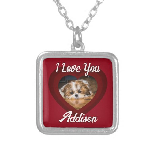 Valentine heart dog love Custom photo name on red Silver Plated Necklace