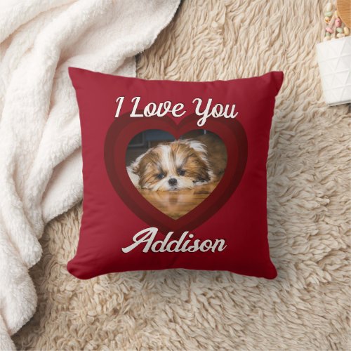 Valentine heart dog love Custom photo name on red Throw Pillow