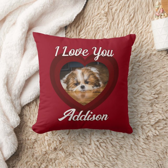 Valentine heart dog love Custom photo name on red Throw Pillow (Blanket)