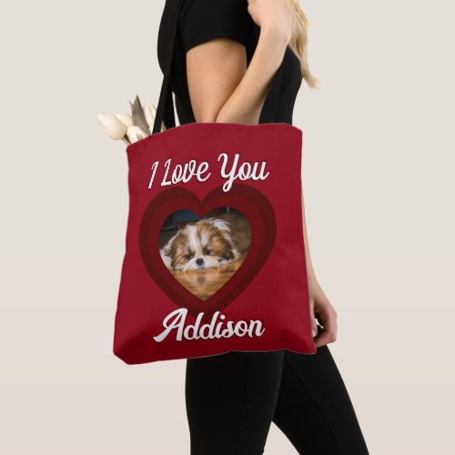 Valentine heart dog love Custom photo name on red Tote Bag