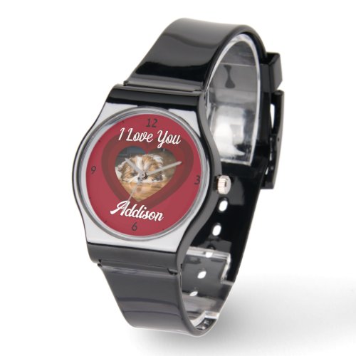 Valentine heart dog love Custom photo name on red Watch