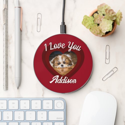 Valentine heart dog love Custom photo name on red Wireless Charger