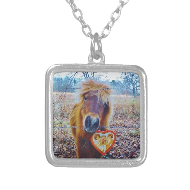 Valentine Heart  Horse Silver Plated Necklace (Front)
