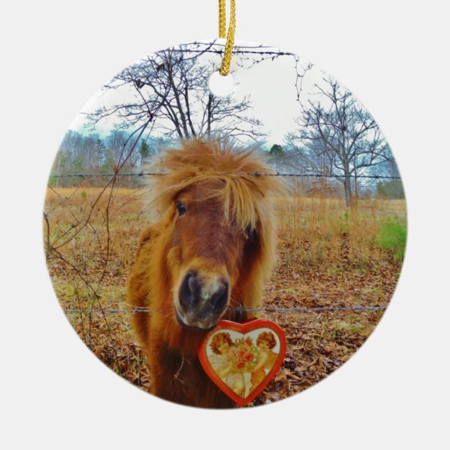 Valentine Heart  Miniature brown Horse Ceramic Ornament (Front)