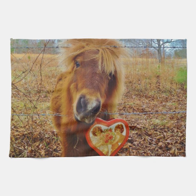 Valentine Heart  Miniature brown Horse Kitchen Towel (Horizontal)
