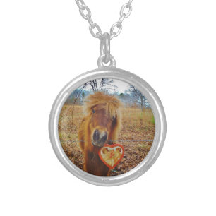 Valentine Heart Miniature brown Horse Silver Plated Necklace
