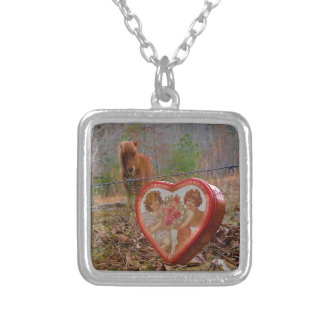 Valentine Heart  Miniature brown Horse Silver Plated Necklace (Front)