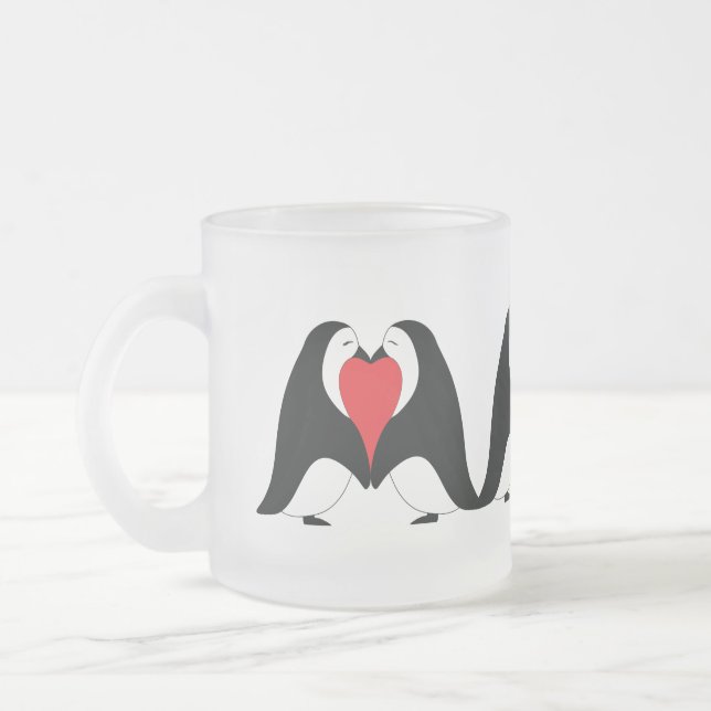 Valentine Heart Penguins Frosted Glass Coffee Mug (Left)