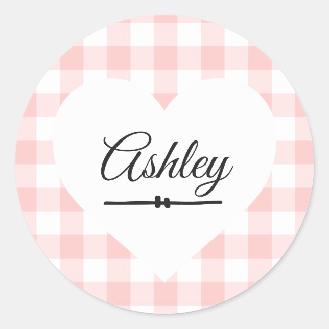 Valentine Heart Pink Gingham Pattern Name Monogram Classic Round Sticker (Front)