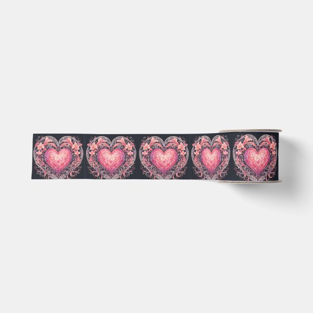 Valentine Heart Pink Love Flowers Ornaments  Grosgrain Ribbon (Front)