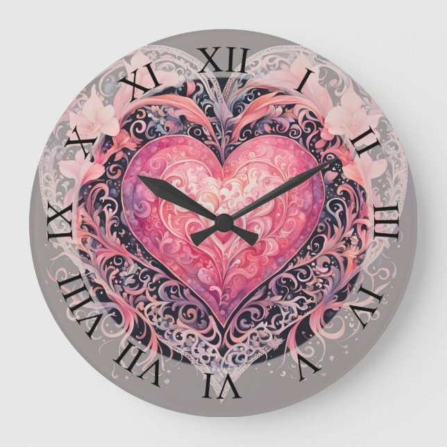 Valentine Heart Pink Love Flowers Ornaments  Large Clock (Front)