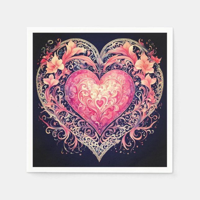 Valentine Heart Pink Love Flowers Ornaments  Napkins (Front)