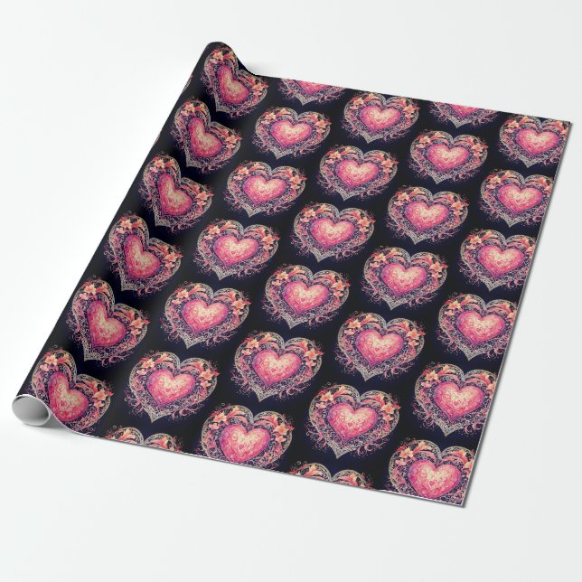 Valentine Heart Pink Love Flowers Ornaments  Wrapping Paper (Unrolled)