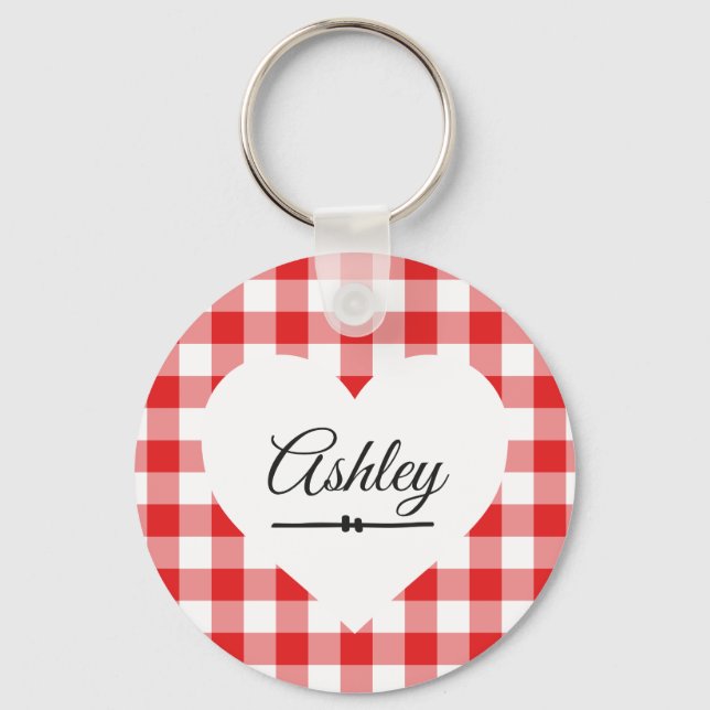 Valentine Heart Red Gingham Name Monogram Keychain (Front)