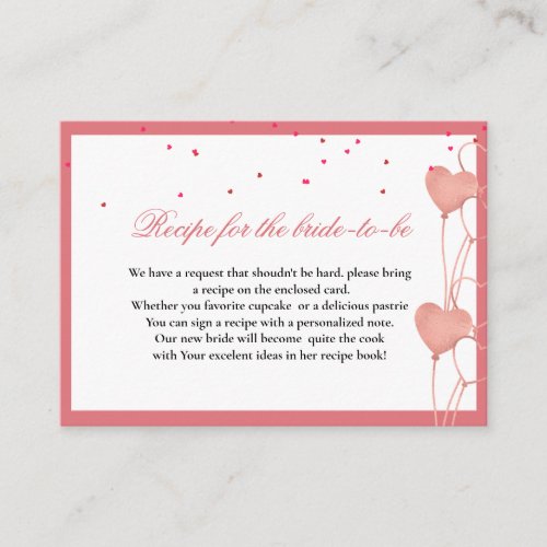 valentine heart theme request recipe for the bride enclosure card