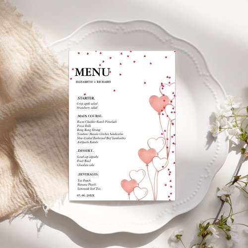 Valentine  Heart wedding Bridal Shower Menu Card 