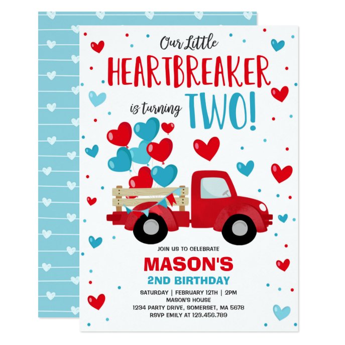Valentine Heartbreaker 2nd Birthday Red Blue Truck Invitation